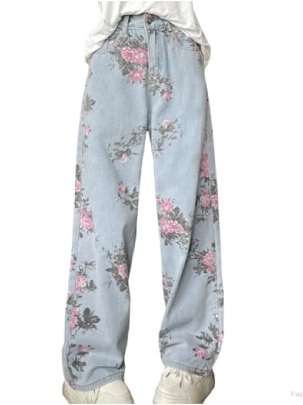 High Waisted Straight Leg Jeans Floral Print Denim Women's Casual Y2K Pants